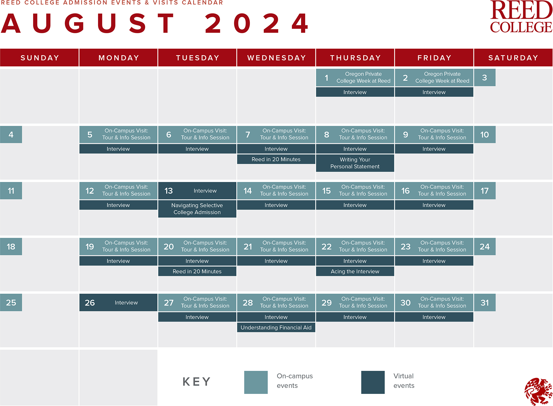 August 2024 Admission events calendar