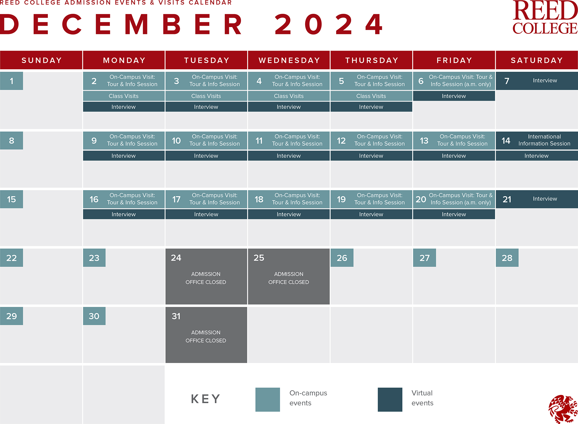 December 2024 Admission events calendar