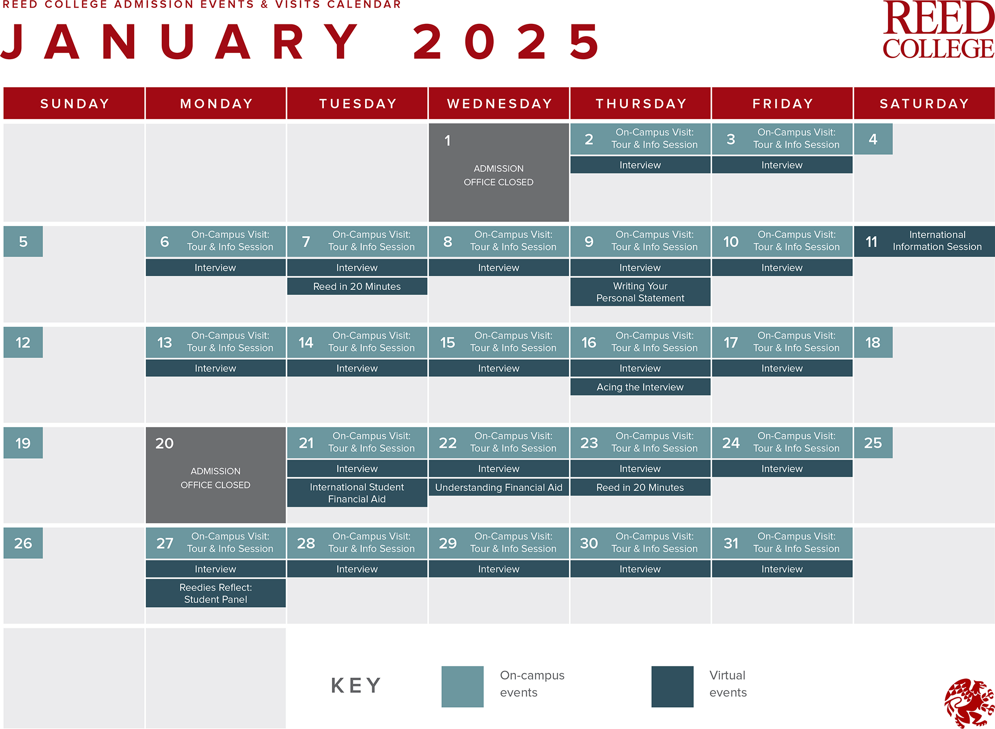 January 2025 Admission events calendar