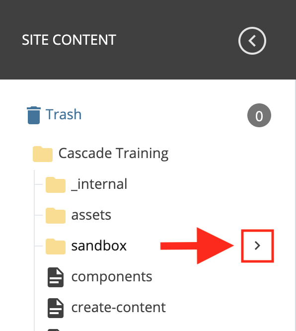 A screen shot of Cascade's asset tree, highlighting the folder selection icon described above.