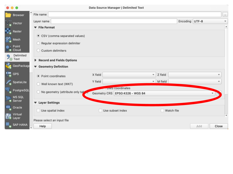 the data source manager window from qgis with CRS circled in red