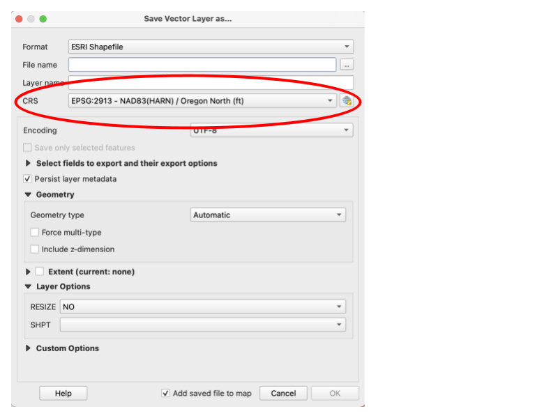 the save vector as layer window with CRS circled in red