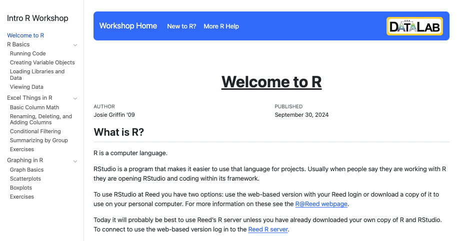 A screenshot of the first page of the Intro to R workshop website, linked above