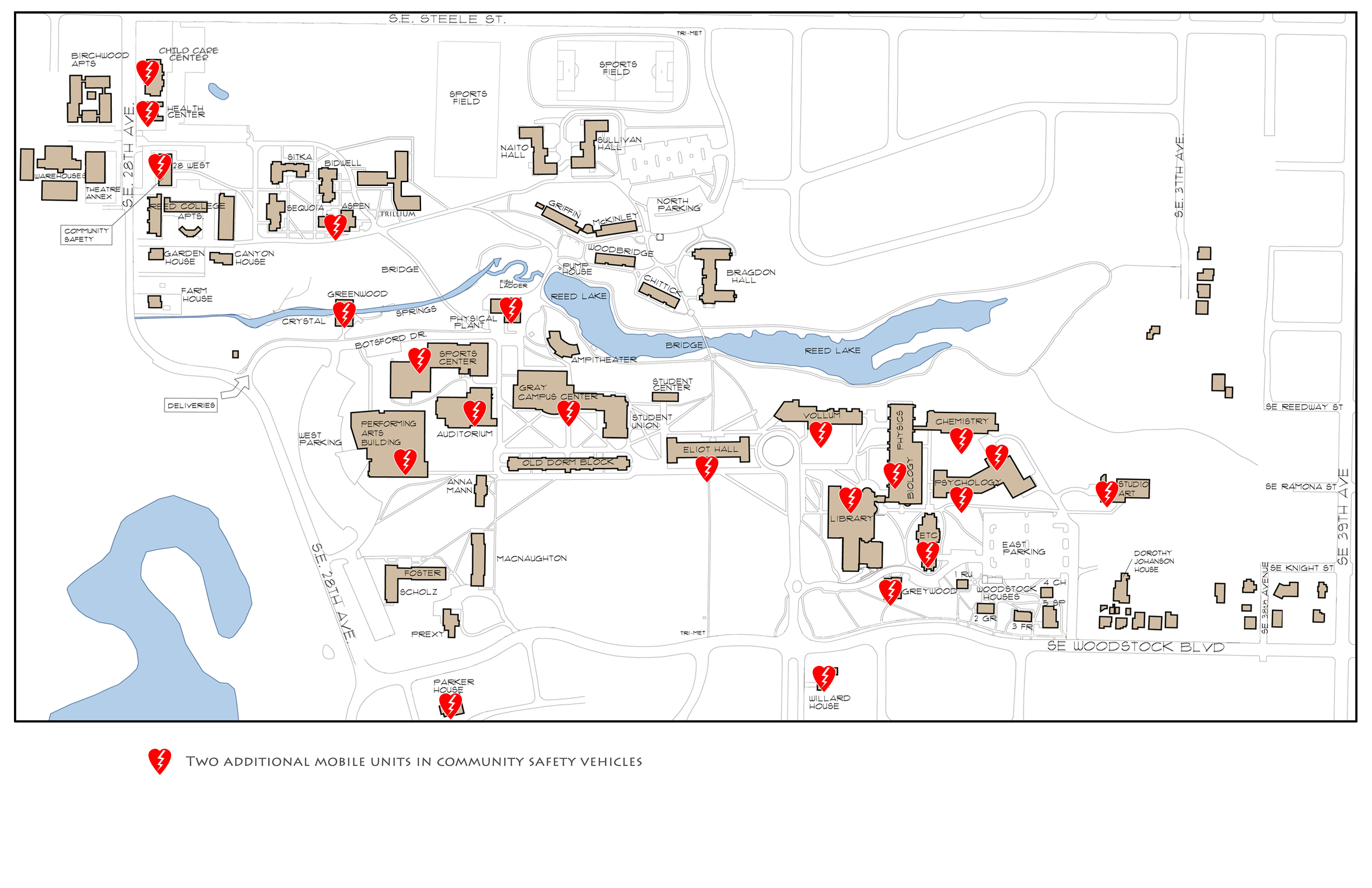 Map showing building and AED locations at Reed College