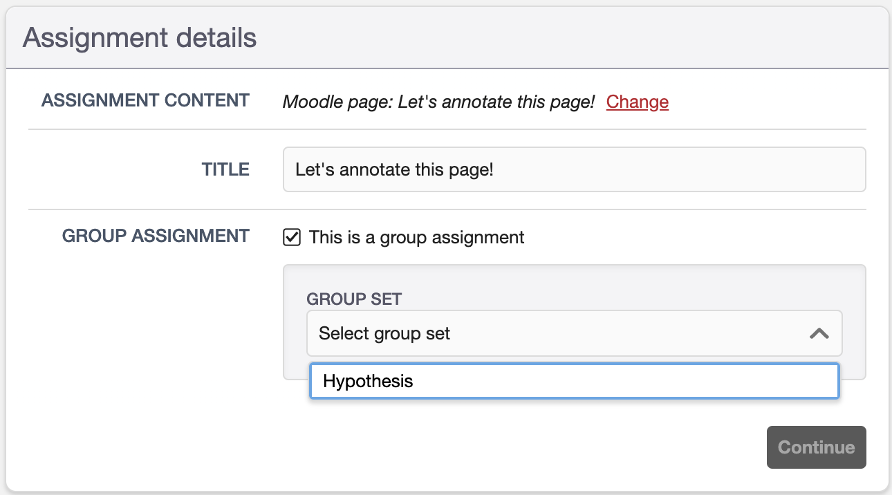 Hypothesis assignment details window showing the group assignment box checked and the dropdown menu allowing the user to choose a grouping