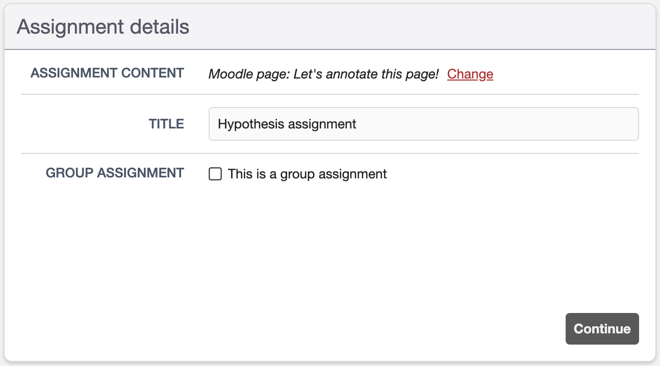Hypothesis assignment details window showing title field 
