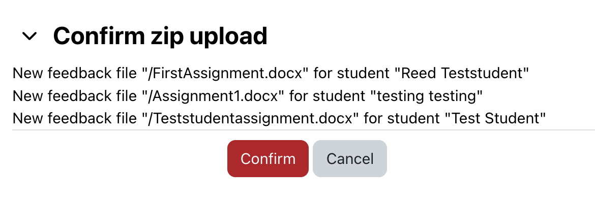 Example of comfim zip upload page showing files names and student names