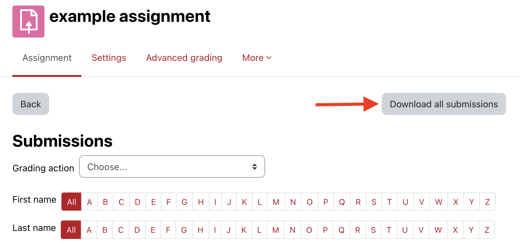 Moodle Assignment view showing location of button to download all submissions