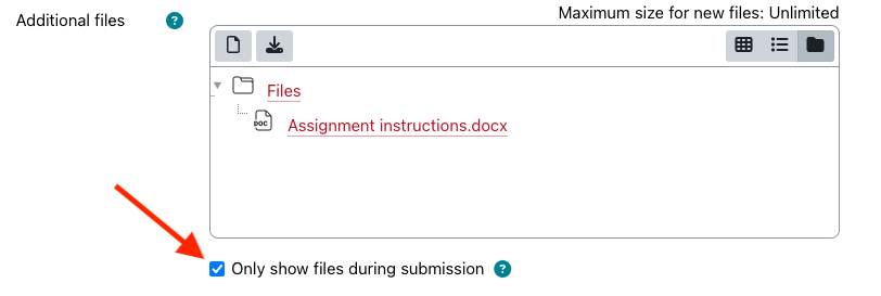 Moodle assignment settings with an additional file added and the box to Only show files during submission checked and highlighted