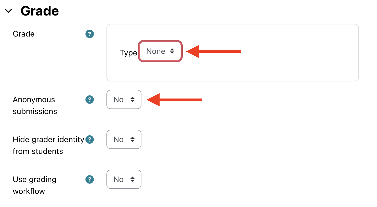 Moodle assignment grade settings with Grade type changed to none and the Anonymous submissions button highlighted