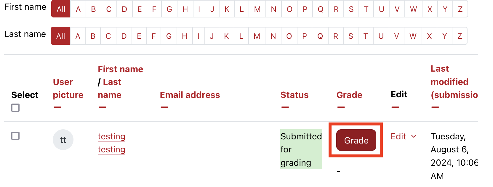 Moodle assignments page showing the grade button for an individual student