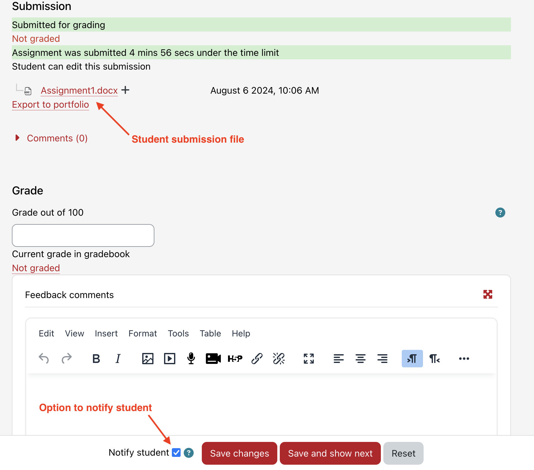 Moodle grading interface highlighting the location of the student submission file and the option to notify the student that their assignment has been graded