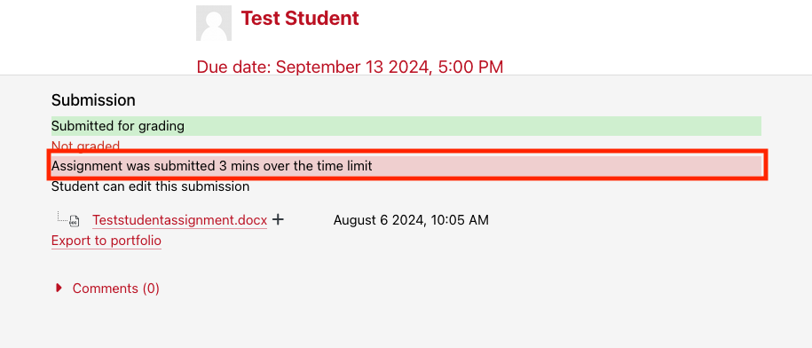 Advanced grading screen for a student who has submitted their assignment after time has run out, highlighting that the assignement is marked late by three minutes