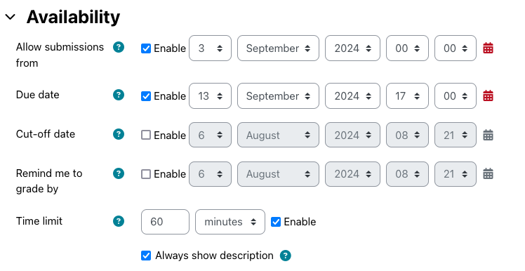 Assignment timing settings with a due date and time limit enabled