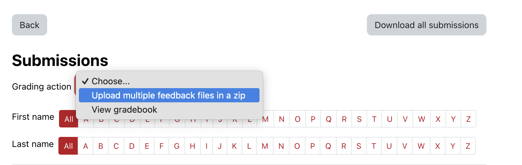 Moodle assignment showing option to upload multiple feedback files in a zip in the grading action menu