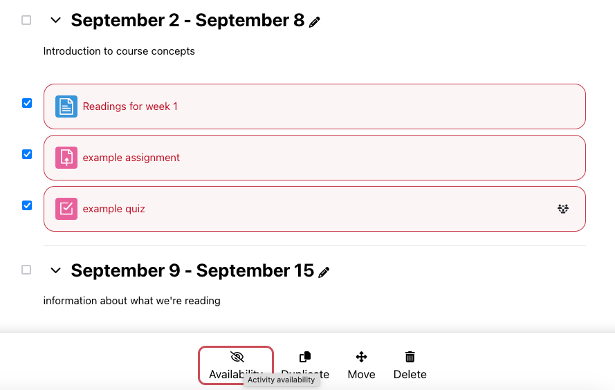 Moodle page with bulk editing option turned on, three pieces of content selected, and the Availability option selected for bulk action.