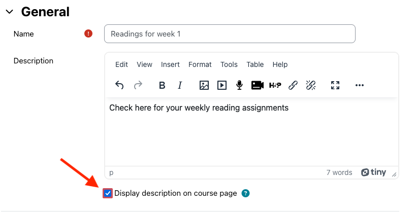 Moodle resource page showing description added and the Display information on course page box checked