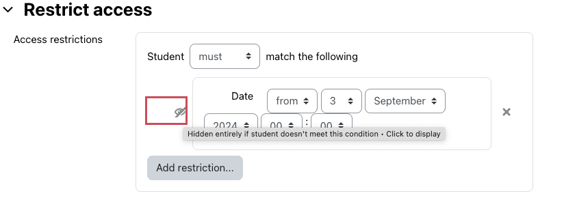 Restrict access for a date shown with date set to September 3 and the option to hide content chosen and highlighted