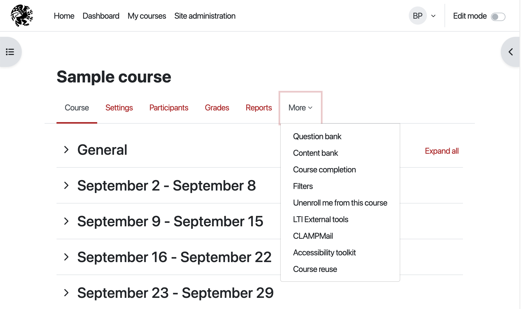 Moodle course page showing the course settings menu with the more option expanded