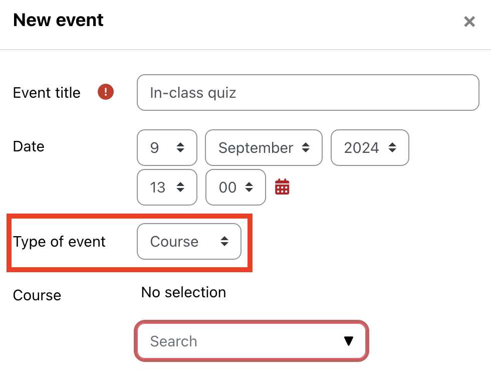 Moodle calendar add event options, showing type of event changed to course