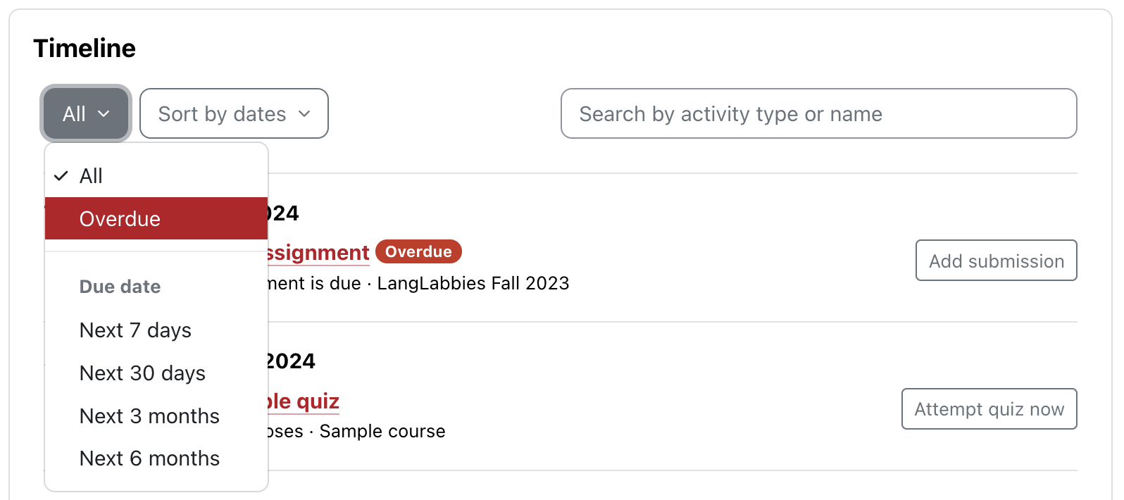 Moodle timeline showing option to filter by date