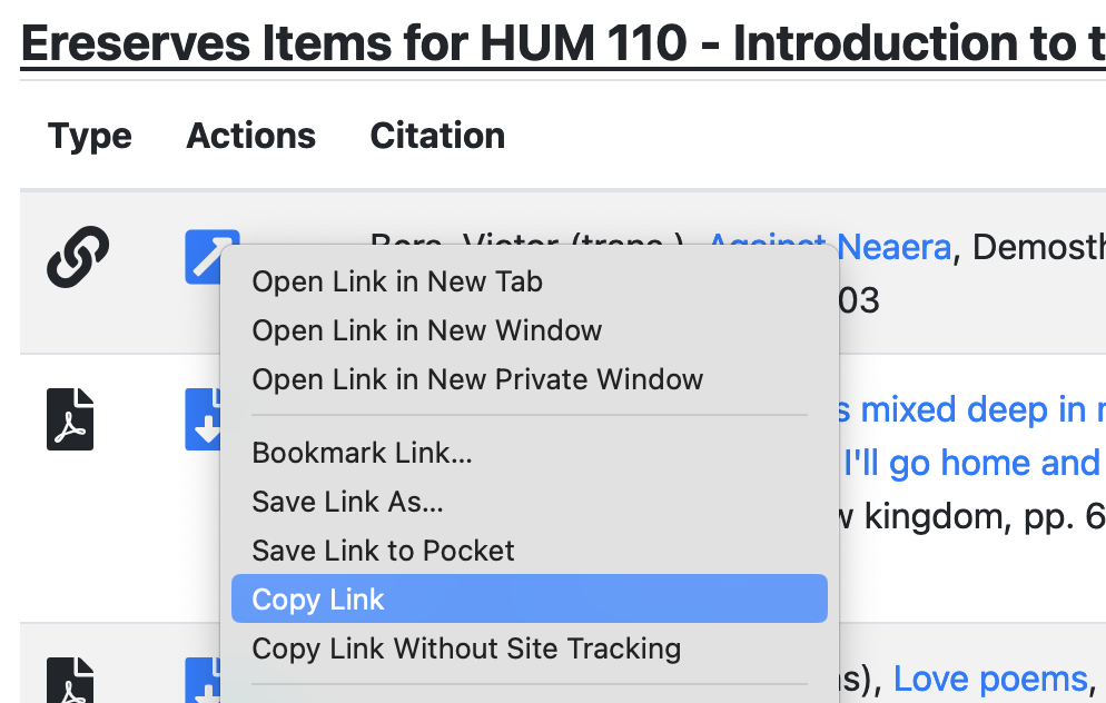 Reed ereserves container showing options after right clicking on a link, with the option to copy link address highlighted