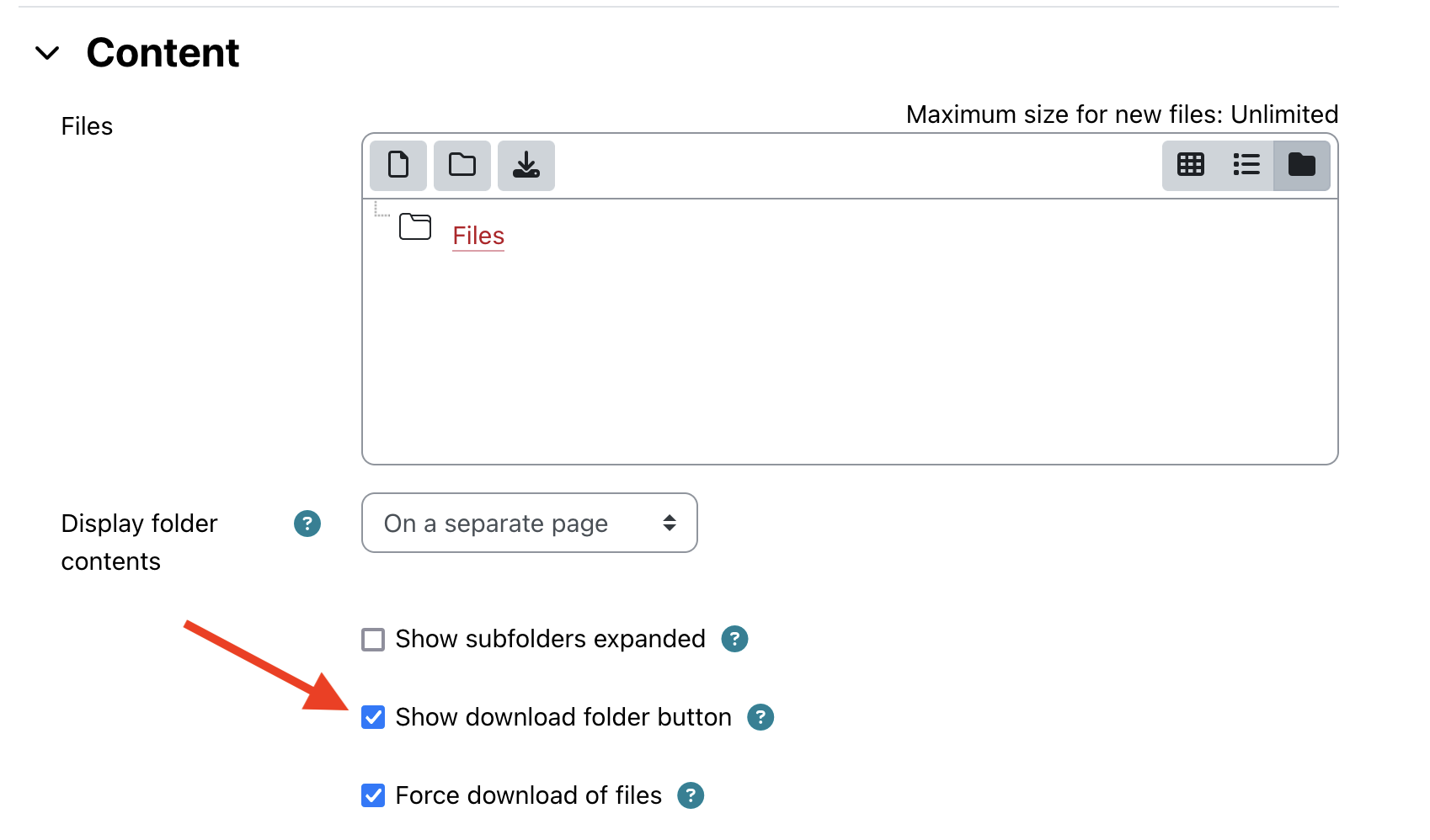 Folder settings page in Moodle with an arrow pointing to the Show download folder button checkbox