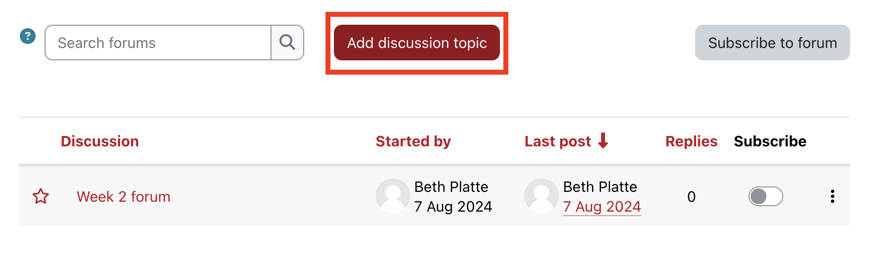 Moodle forum page highlighting button to Add discussion topic