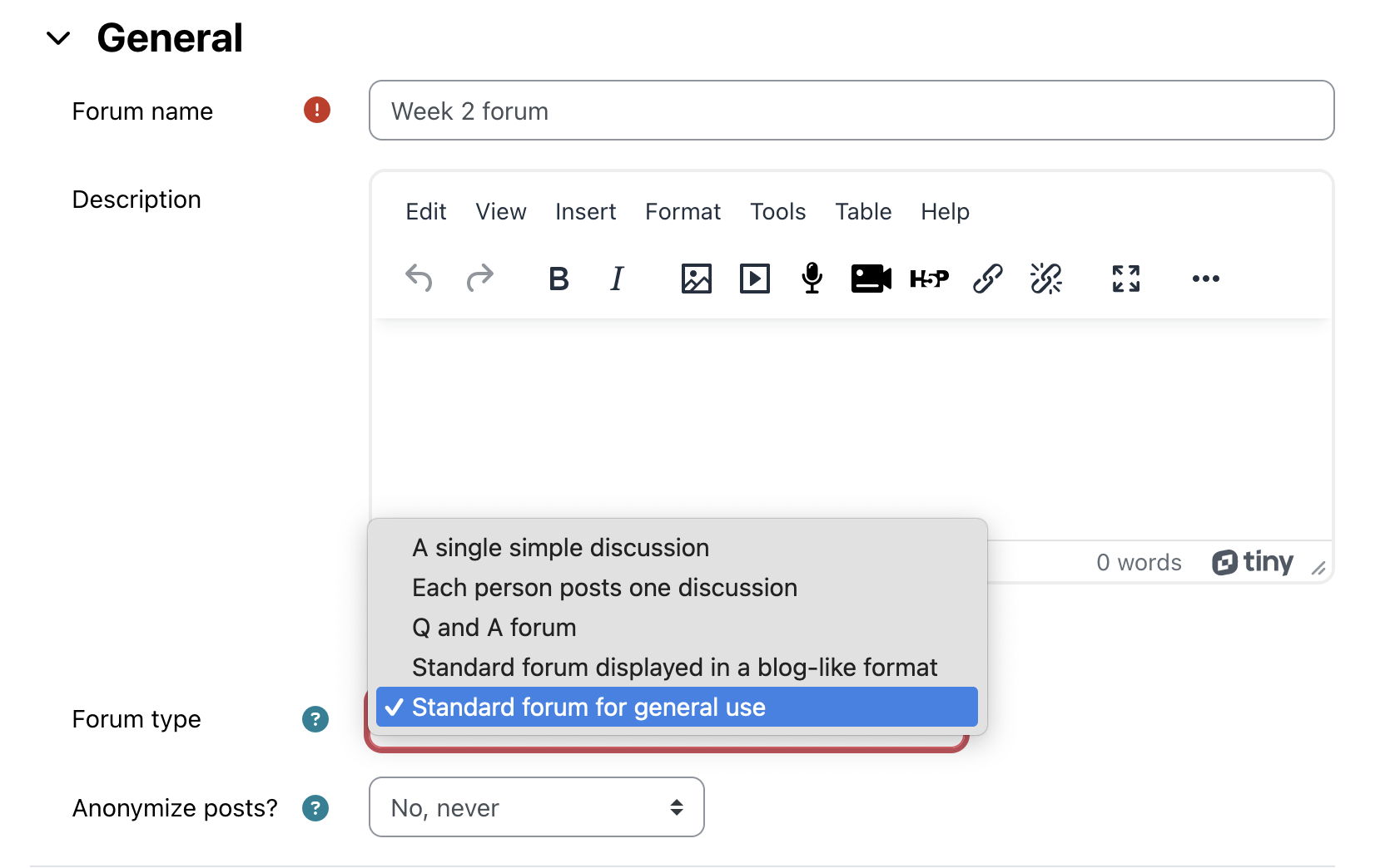 General forum settings page with the forum type drop-down menu expanded and Standard forum for general use selected.