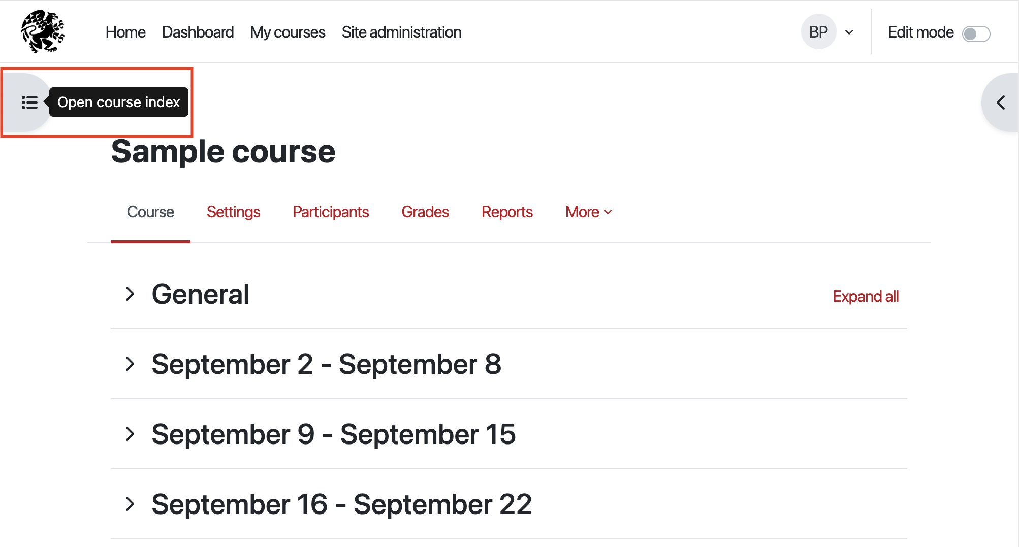 Moodle page showing the course index on the left side of the screen selected but not expanded