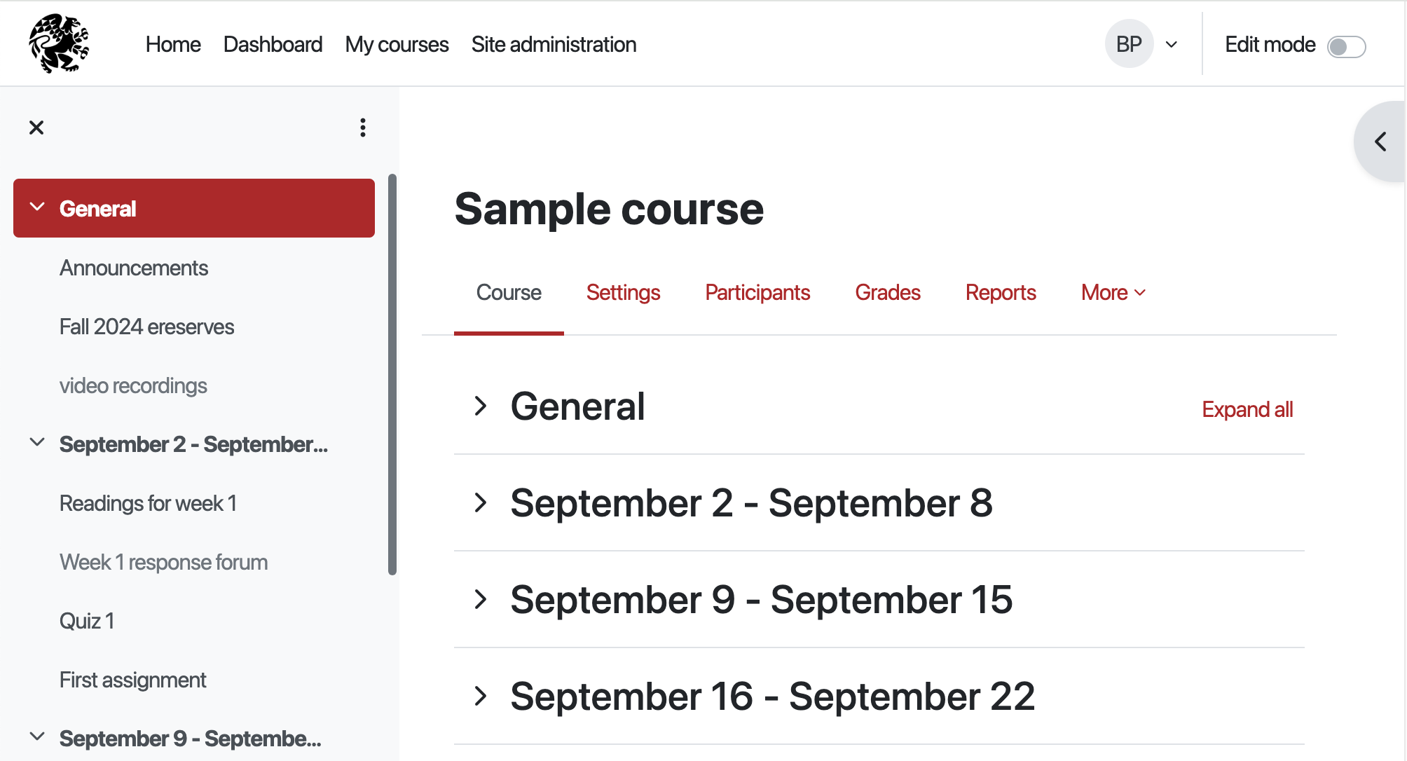 Moodle course page showing course index on the left side of the screen expanded