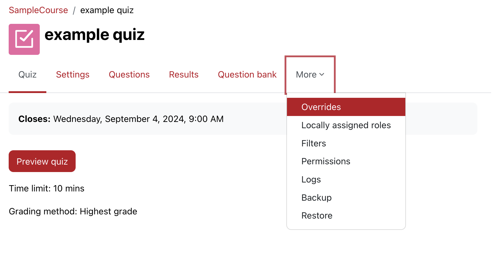 Moodle quiz menu showing override option selected