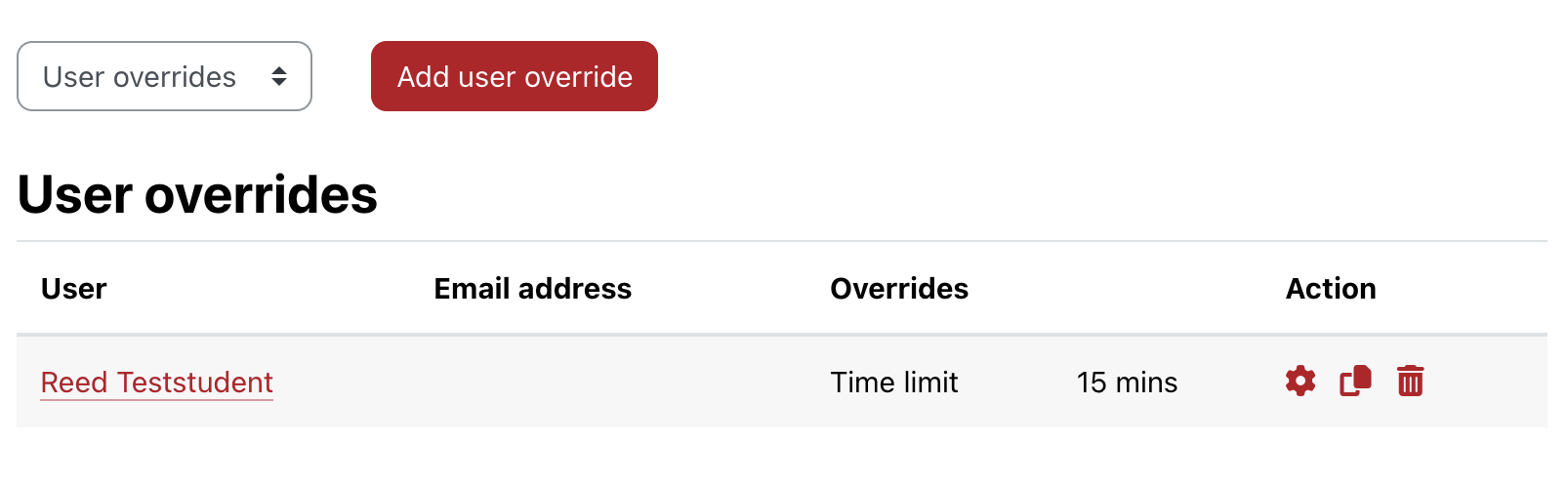 Moodle override page showing override added