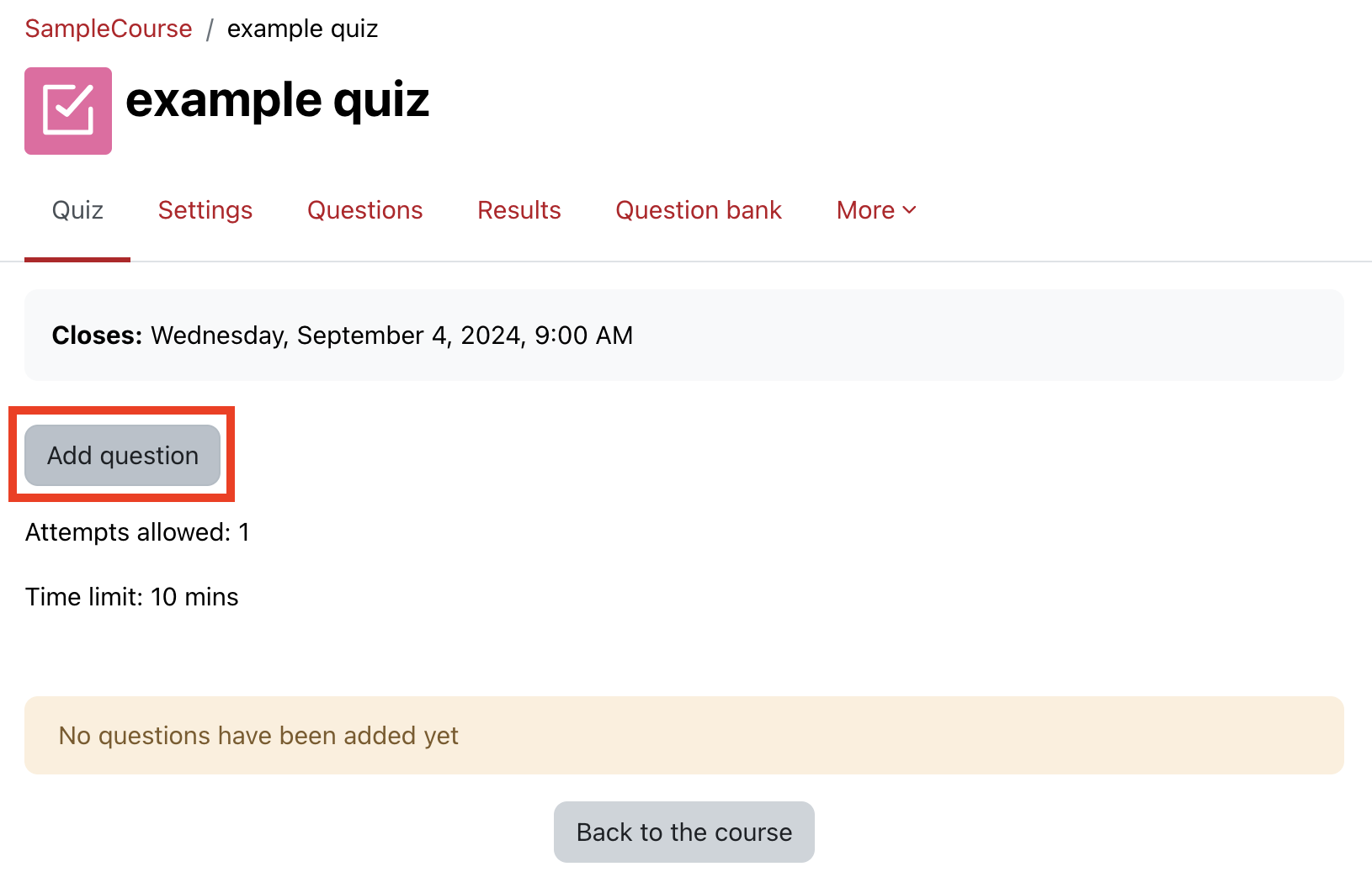 Moodle quiz with Add question button highlighted