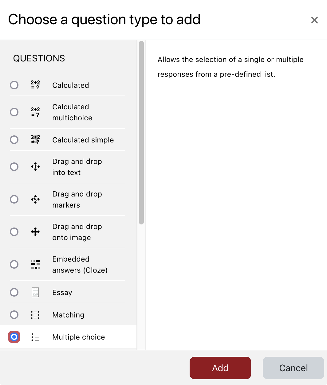 Moodle quiz question type chooser.