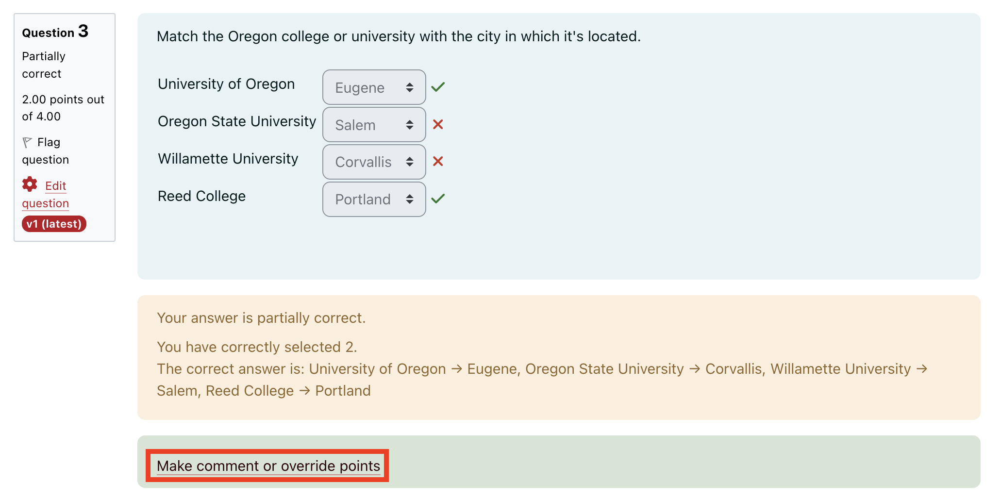 Moodle quiz review attempt interface with option to Make comment or override points highlighted 