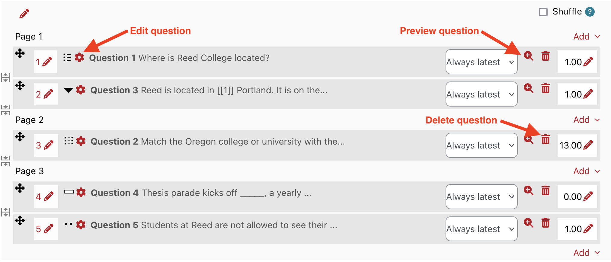 Moodle quiz questions page with options to edit, preview, and delete question highlighted and labeled in text.