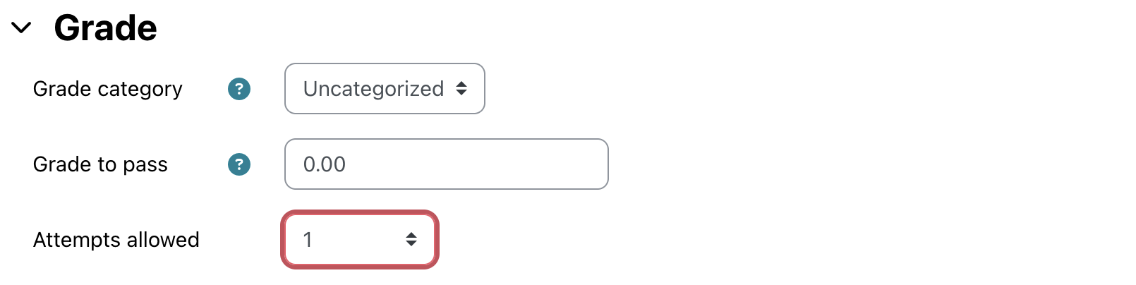 Moodle quiz settings showing grade options with attemps set to 1