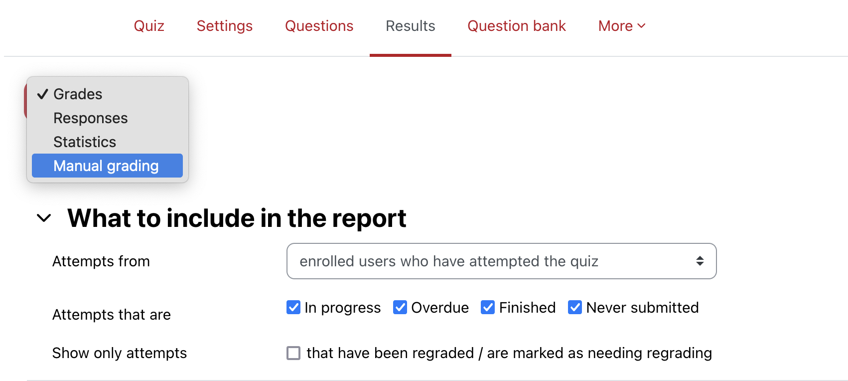 Moodle quiz results page showing dropdown menu expanded and the option Manual grading selected