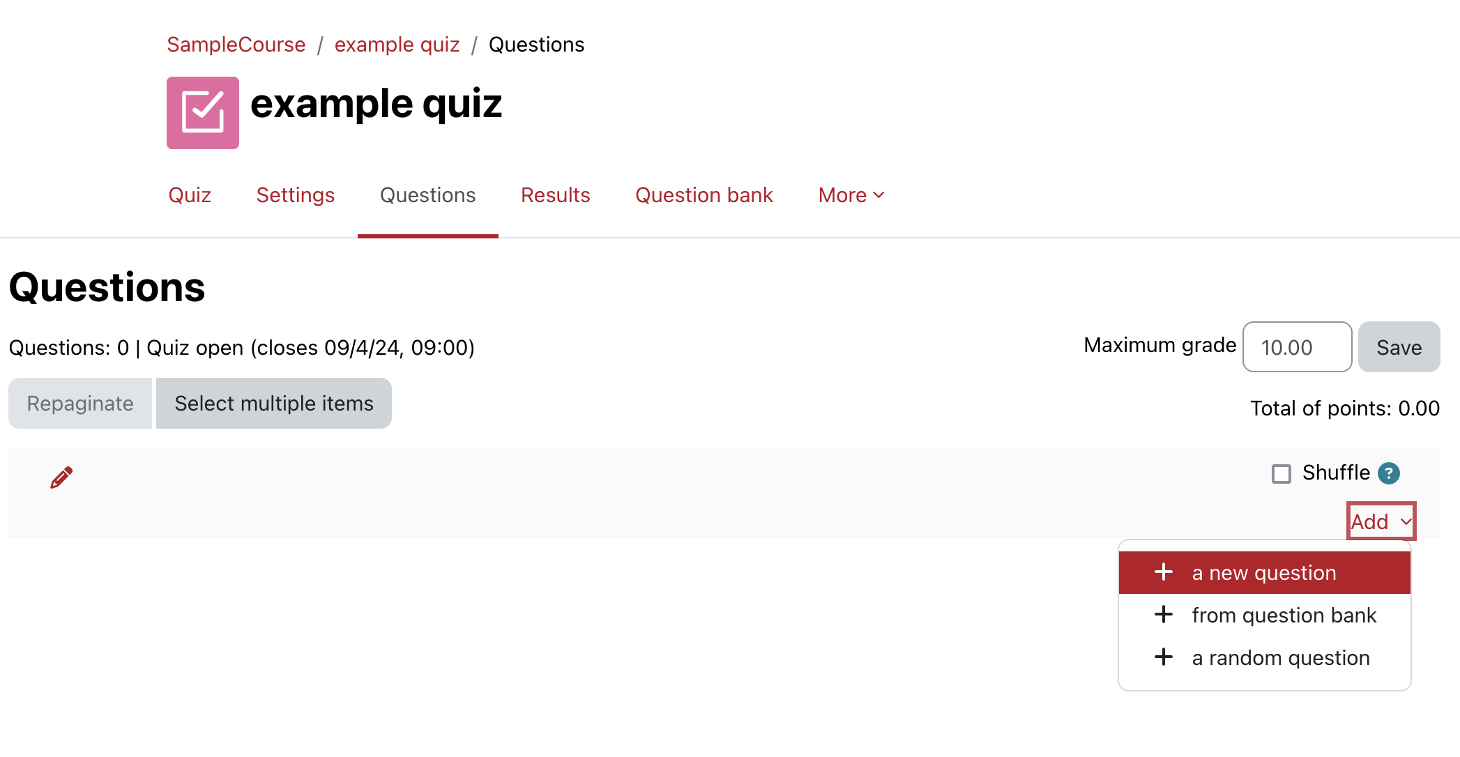 Moodle quiz question page with the option to add new question highlighted