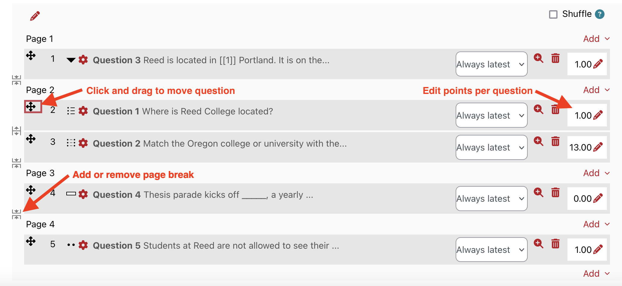 Moodle quiz questions page with arrows pointing toward and labels indicating the icon to move a question, the icon to add or remove a page break, and the box to edit question points.