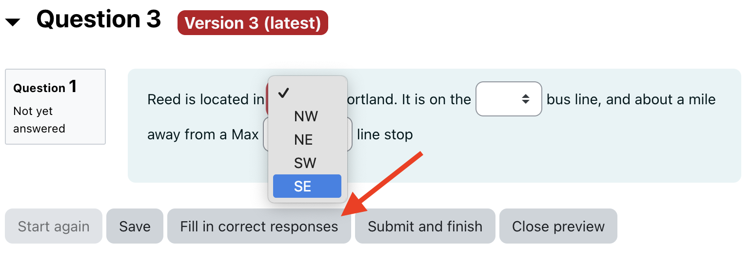 Moodle quiz question preview with option to Fill in correct responses highlighted.