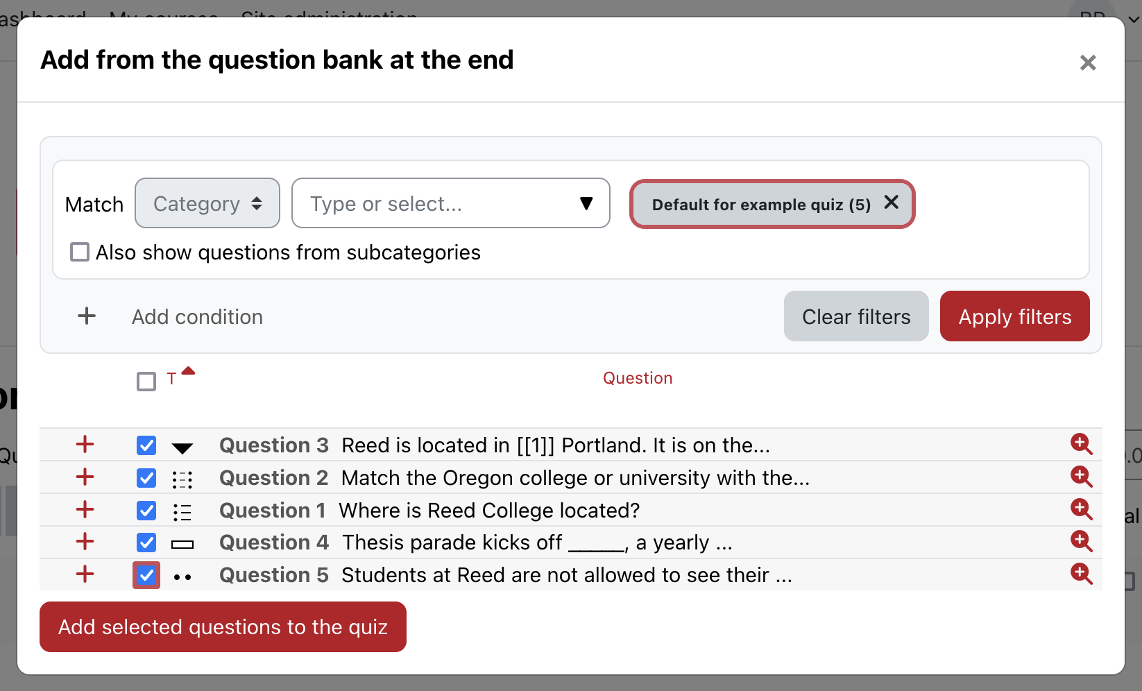 Moodle question back with questions selected to be added to a quiz.