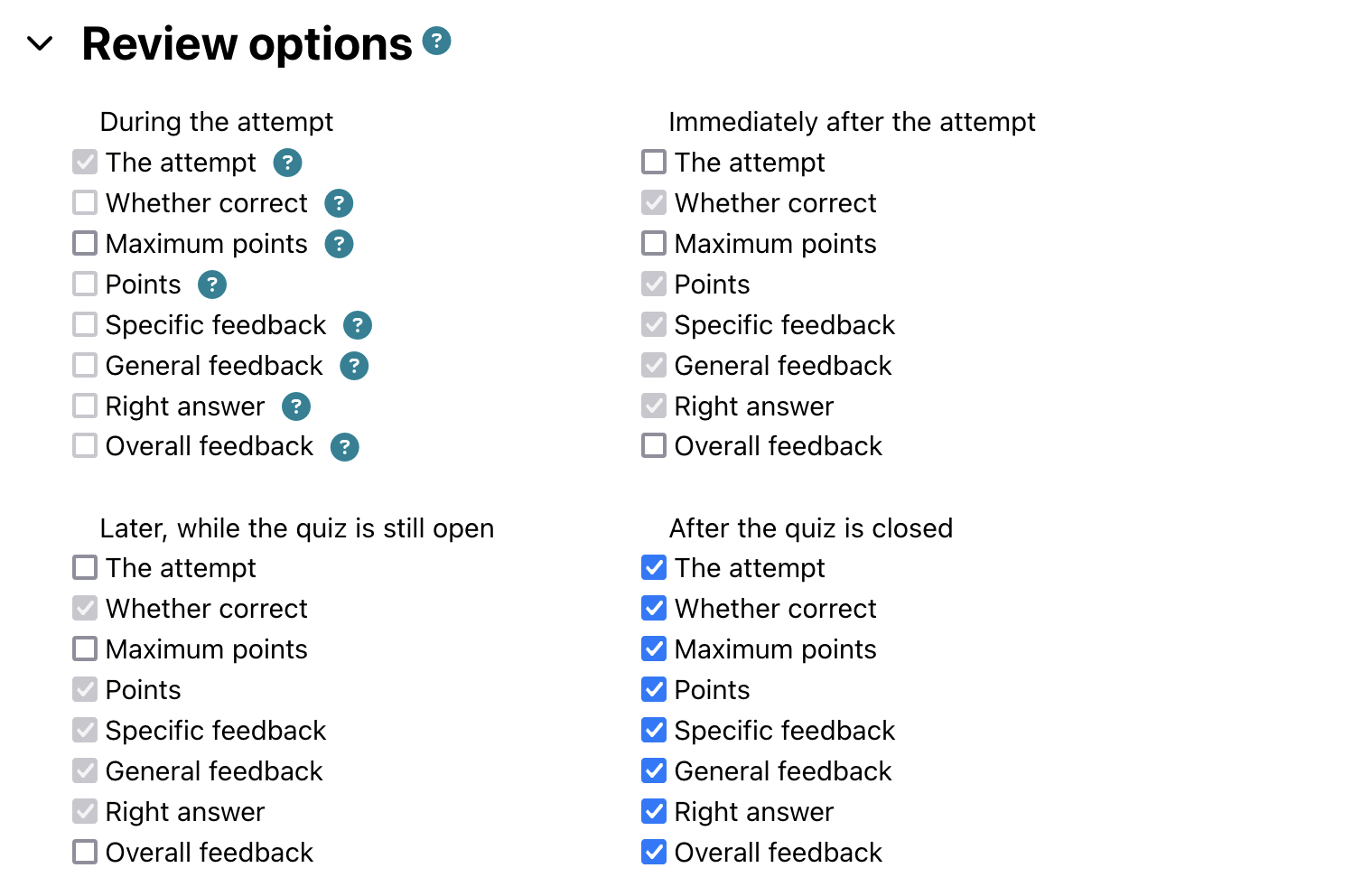 Moodle quiz settings showing review options with only checkboxes under Later, after quiz has closed checked.