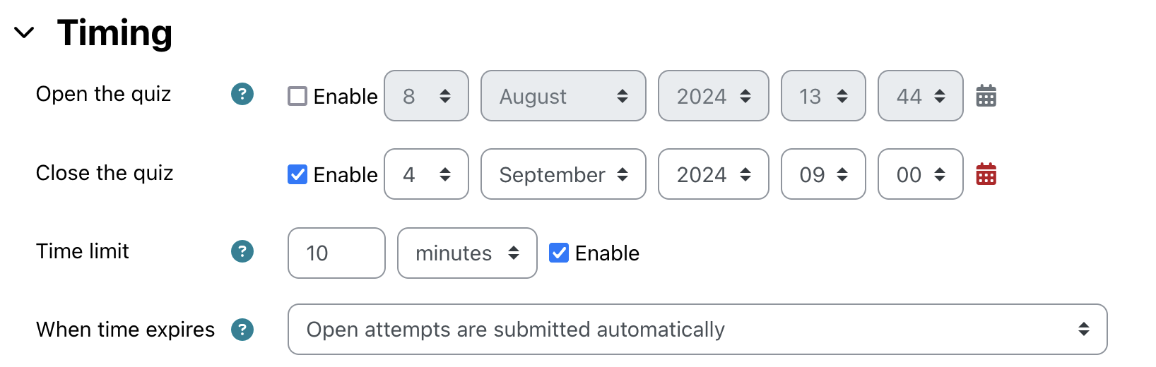 Moodle quiz settings showing timing options