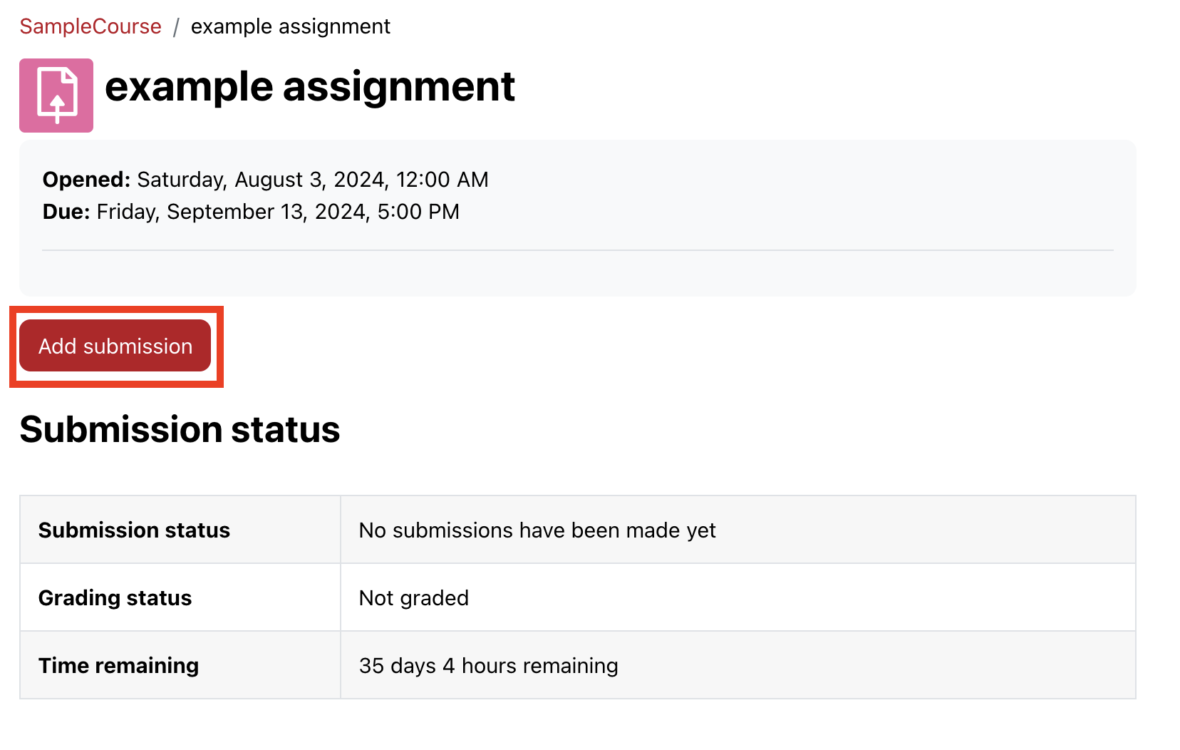 Moodle assignment page for students with option to Add submission highlighted.