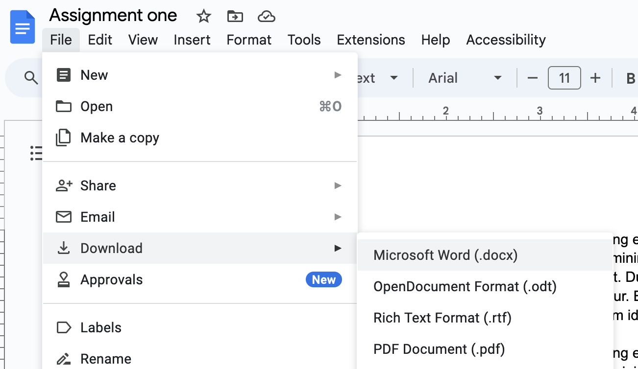 Google docs interface with the option to download as an MS Word file  selected from the File menu