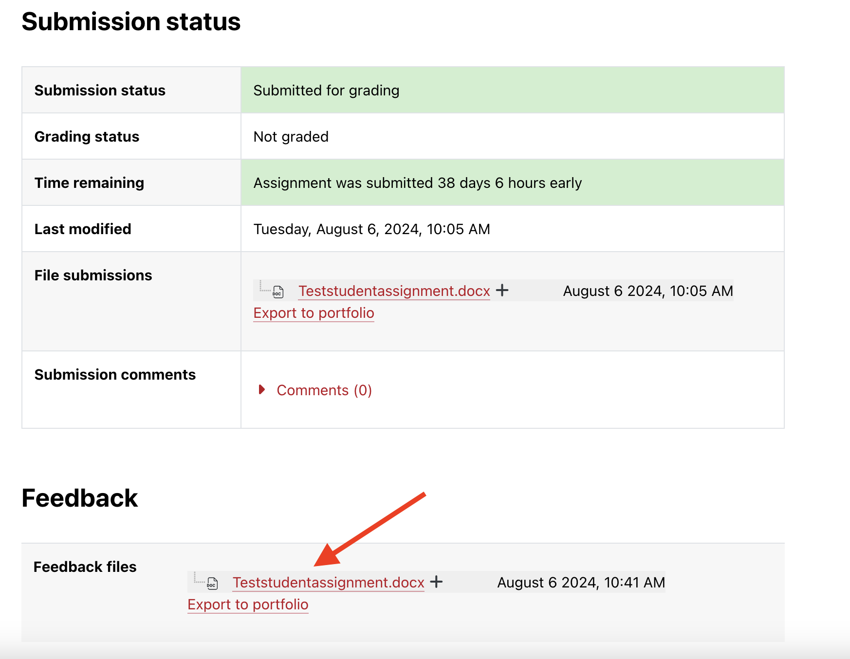 Moodle assignment view after a student has turned in an assignment and feedback files have been returned, with an arrow pointing to the location of the feedback file