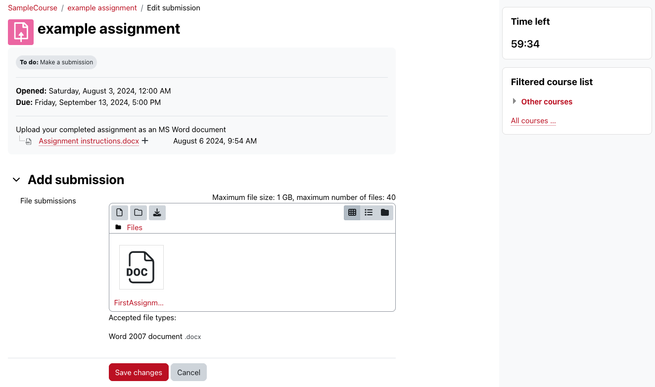 Moodle assignment submission page showing submission uploaded.