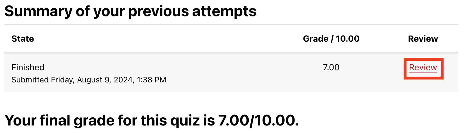 Moodle quiz view with option to review a quiz attempt highlighted